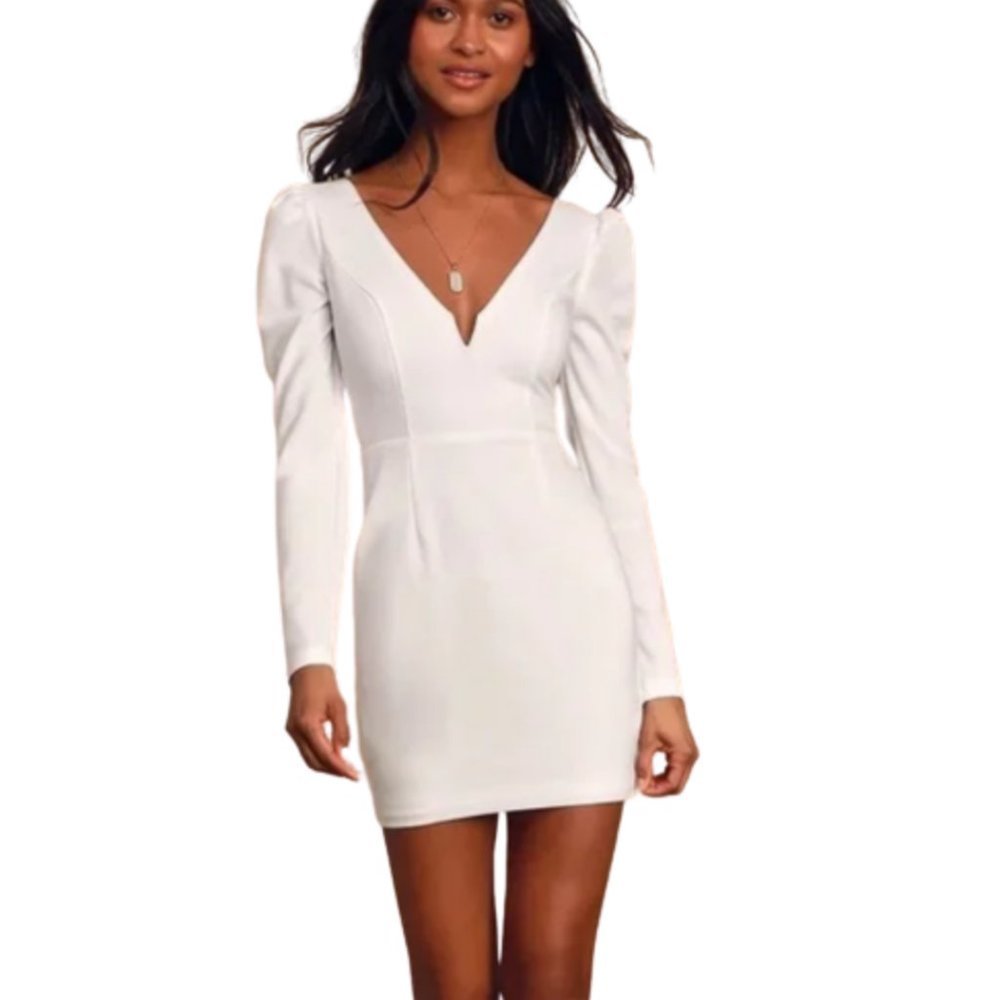 Lulus Treasure Forever White Long Sleeve V-Neck Bodycon Mini Dress M NWT